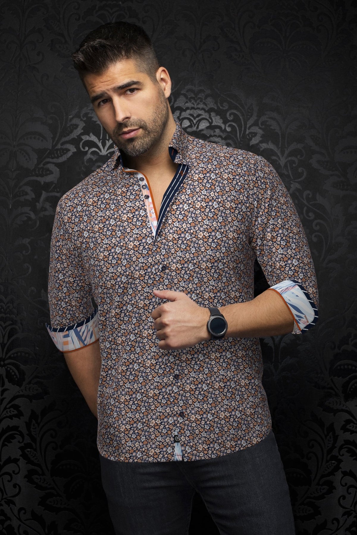 Camisa HAYLO, azul marino y naranja - AU NOIR