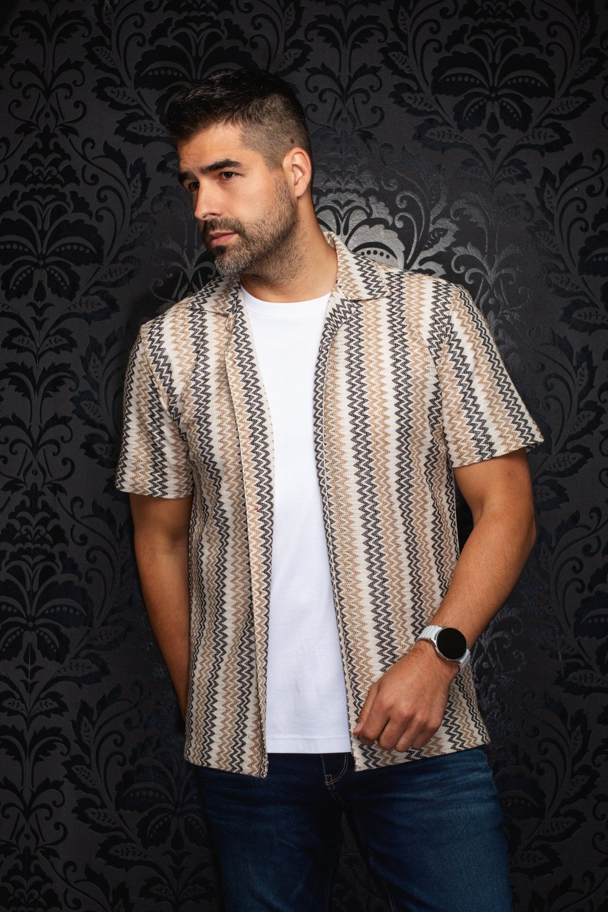 Shirt OPEN-COLLAR Shirt | RAJ - T, Beige Grey - AU NOIR