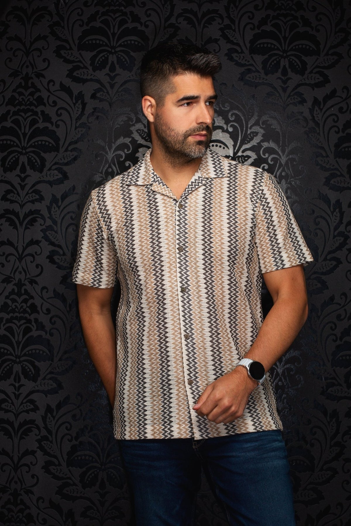 Shirt OPEN-COLLAR Shirt | RAJ - T, Beige Grey - AU NOIR