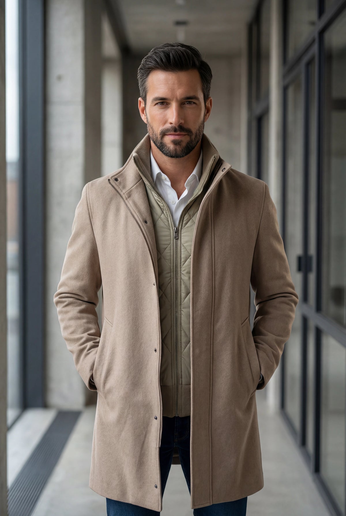 AU NOIR sand outerwear styled with dark trousers