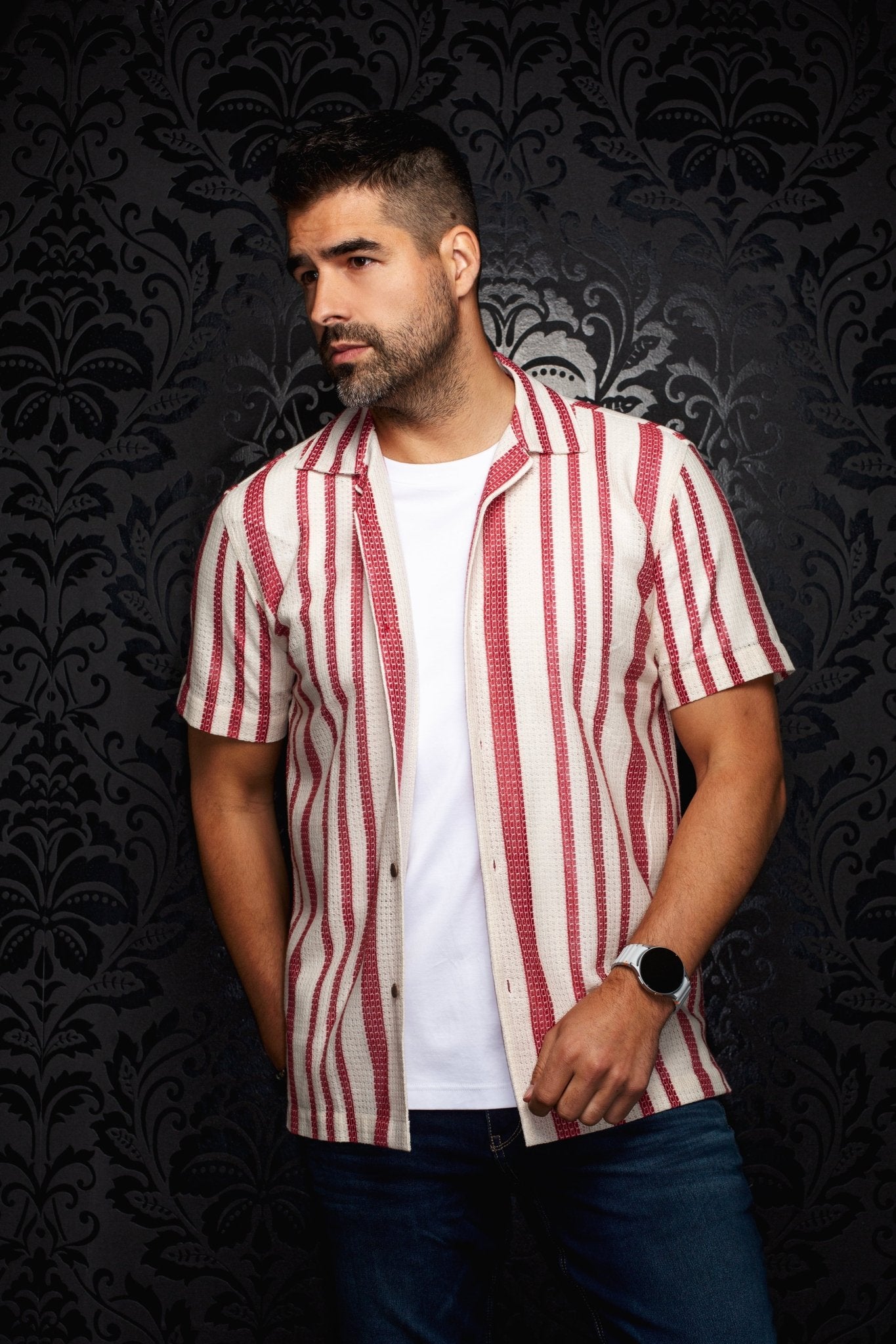 CHEMISE MANCHES COURTES COL OUVERT | RAJ - T, Stone Cabermet - AU NOIR