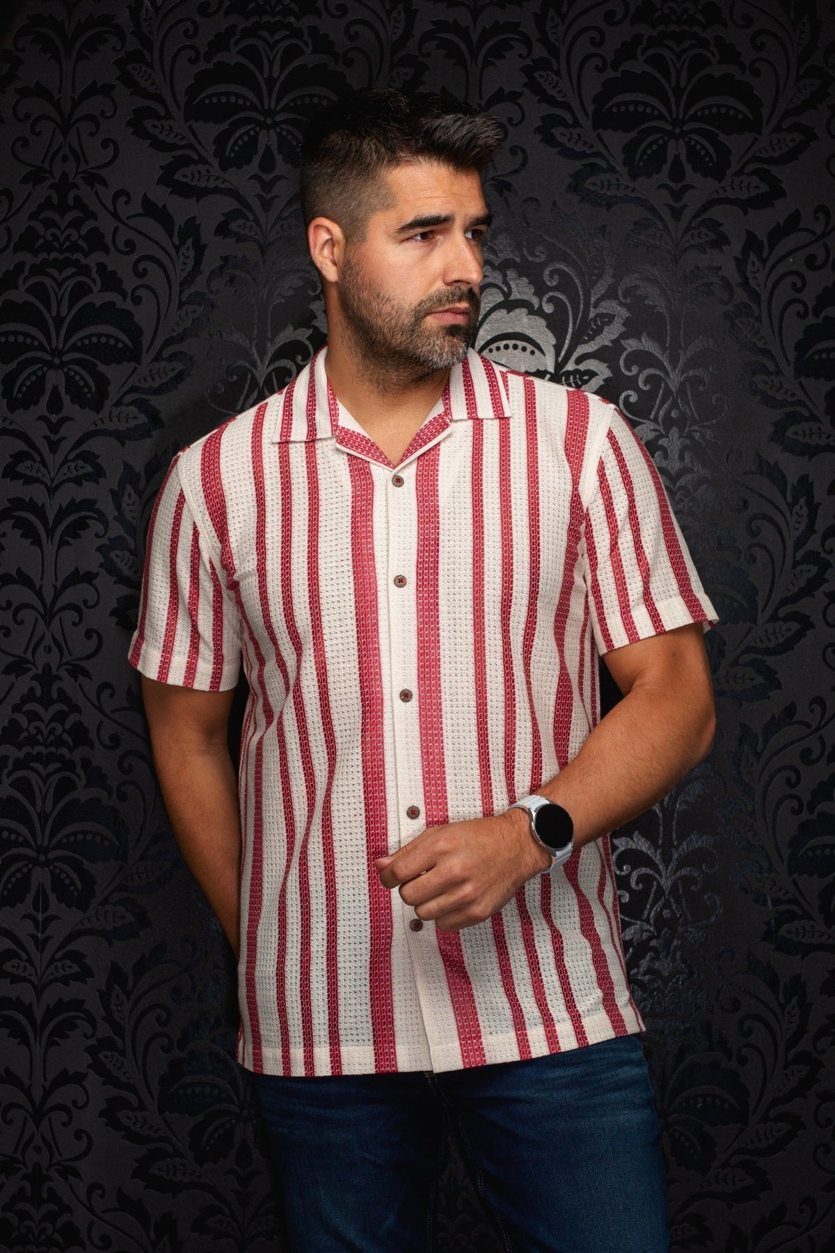 CHEMISE MANCHES COURTES COL OUVERT | RAJ - T, Stone Cabermet - AU NOIR