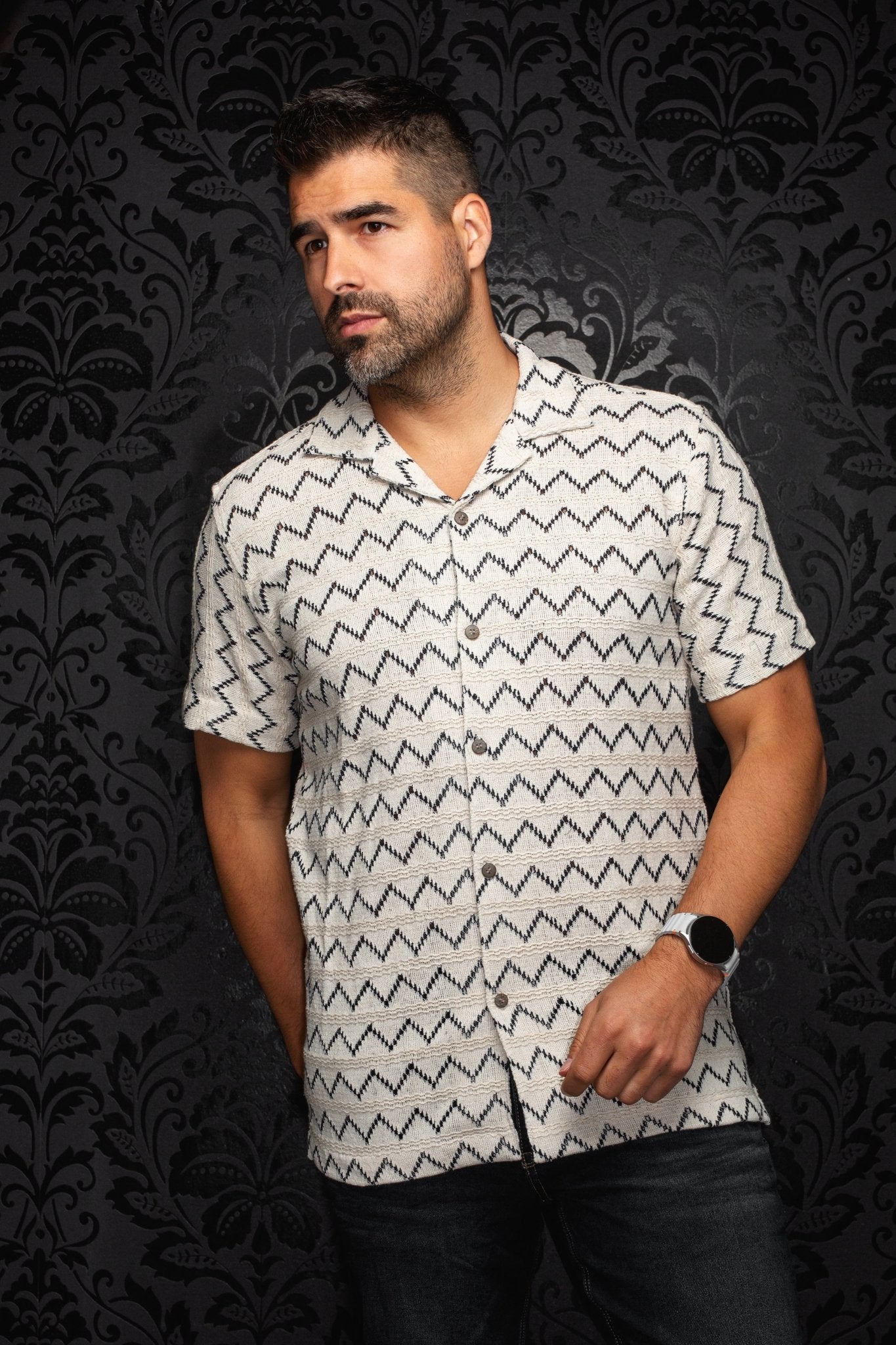 CHEMISE MANCHES COURTES COL OUVERT | RAJ - T, Stone Navy - AU NOIR