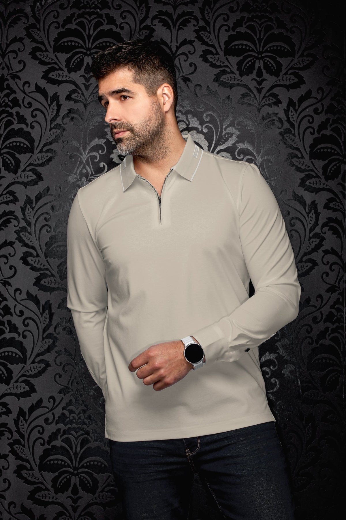 POLO MANCHES LONGUES | AVENOR, Stone - AU NOIR