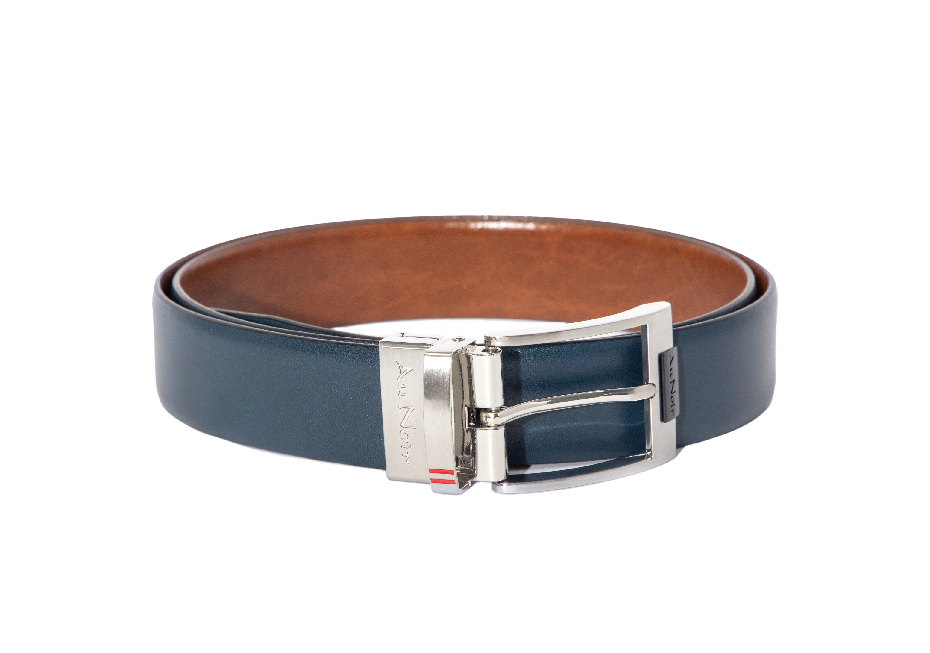 CEINTURE RÉVERSIBLE | DESOTO BRUSHED NICKLE, tan-navy