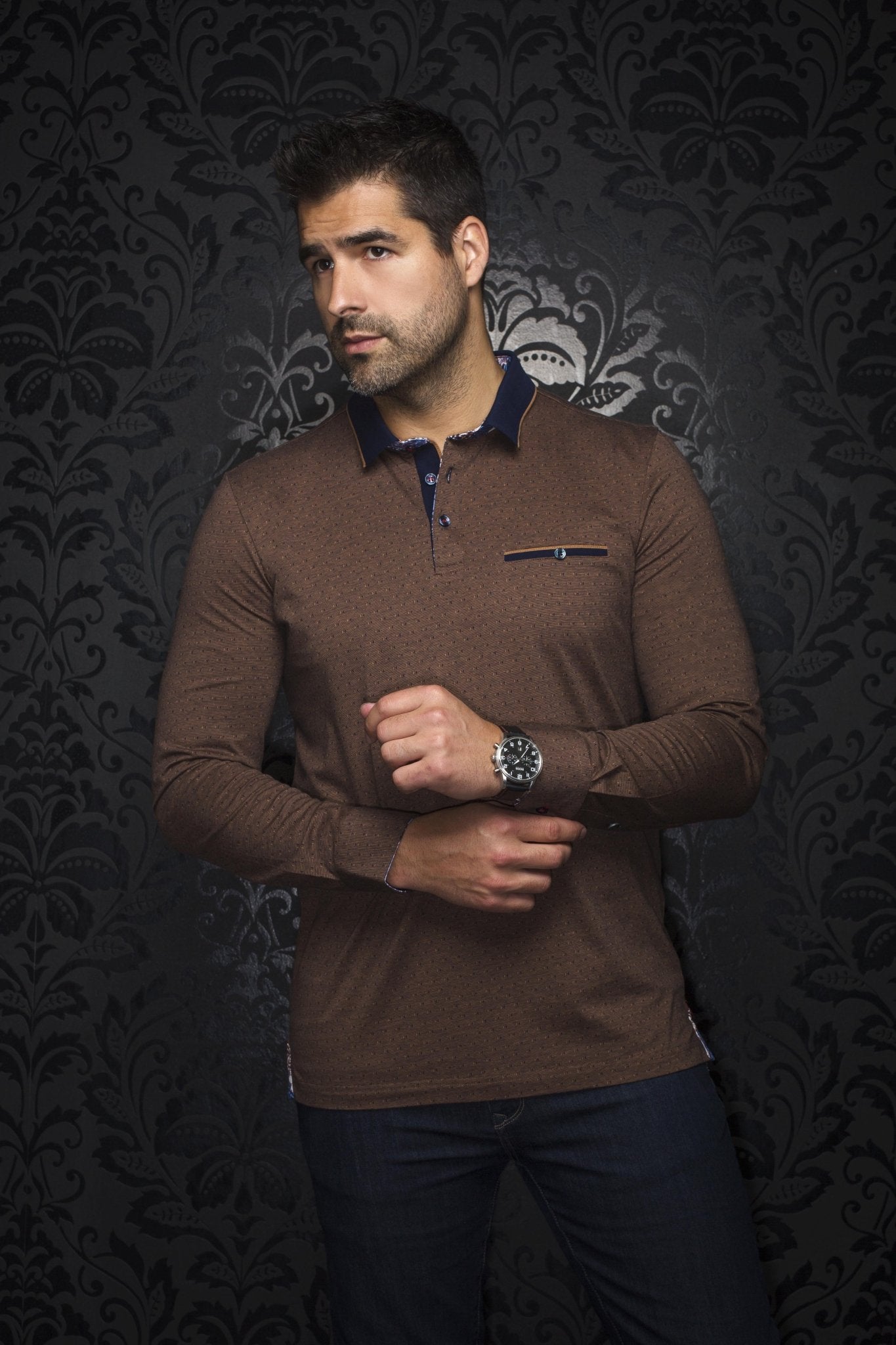 POLO LONG SLEEVES | VERNER, Navy Tobacco - AU NOIR