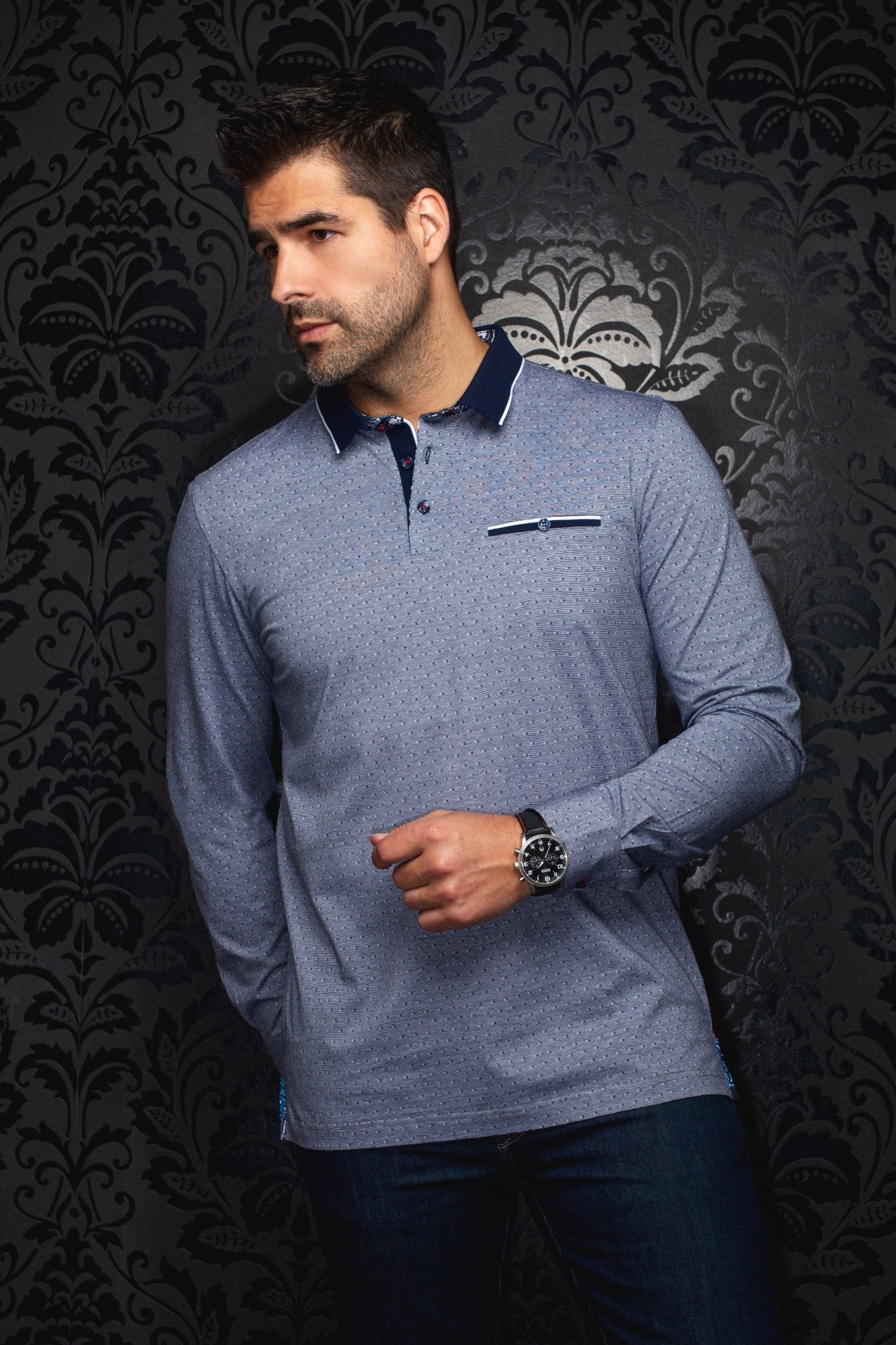 POLO LONG SLEEVES | VERNER, Navy White - AU NOIR